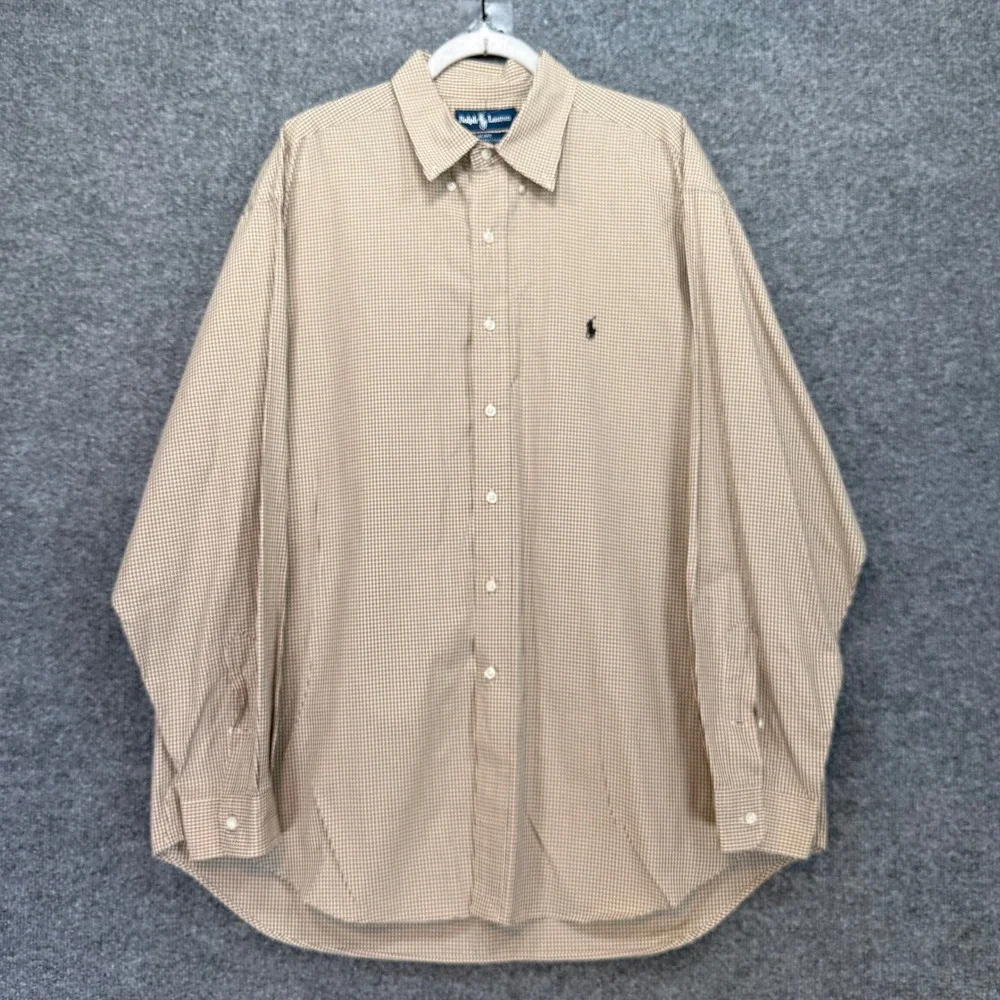 Ralph Lauren Blake Shirt Men XL Tan Micro Check Button Up Cotton Classic Two Ply